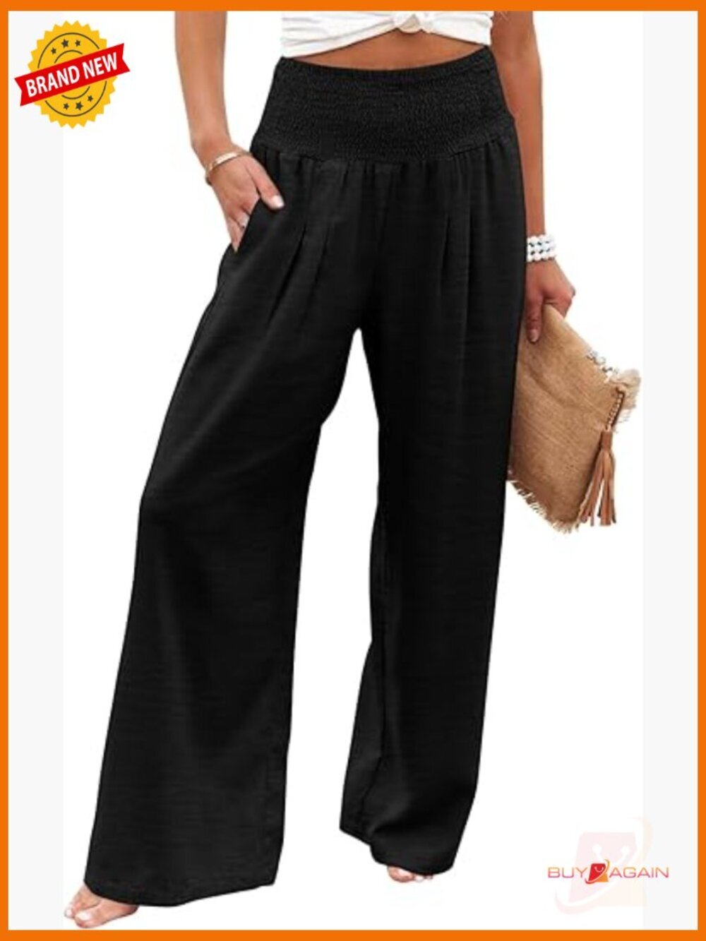 Elastic High Waisted Wide Leg Palazzo Pants with Pockets